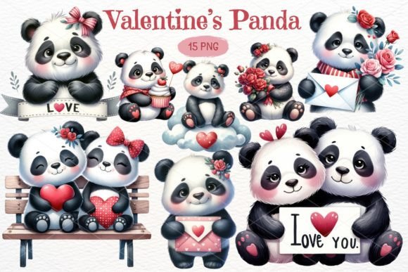 Valentine's Panda Watercolor Clipart